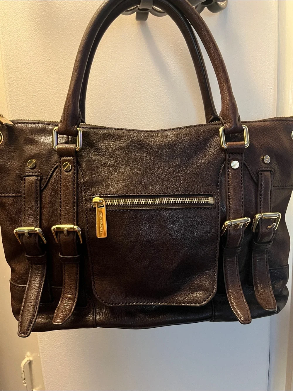 Michael Kors Dark Brown Leather Satchel with Gold Hardware